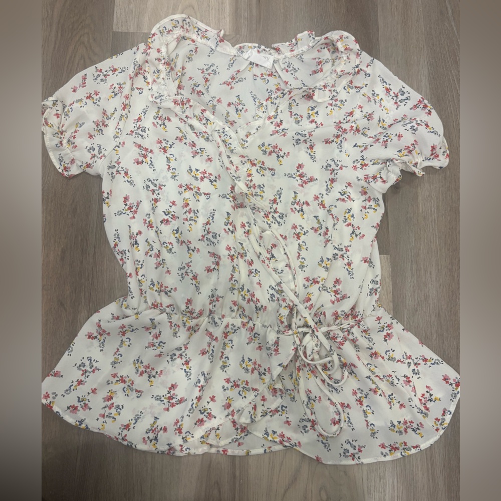 Sienna Sky Floral Ruffle Wrap Top in White with Pink, Yellow & Blue Accents